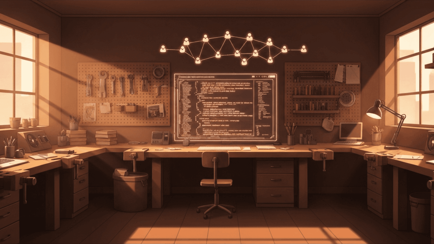 Claude Code setup with a multi-agent system of specialized AI agents — warm digital illustration of a developer workshop with glowing code terminal