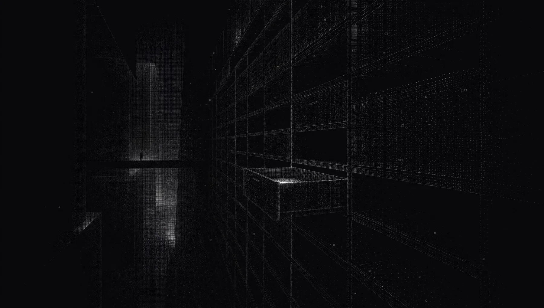 Dark stippled engraving of a vast wall of archive drawers, one drawer pulled open and lit, while a small figure stands on a distant bridge in pale light.