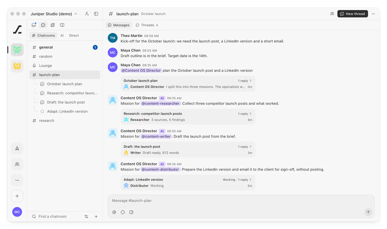 The Agentik OS app with a sample workspace: the launch-plan chatroom, where a Director has split a launch into three missions for its specialists.